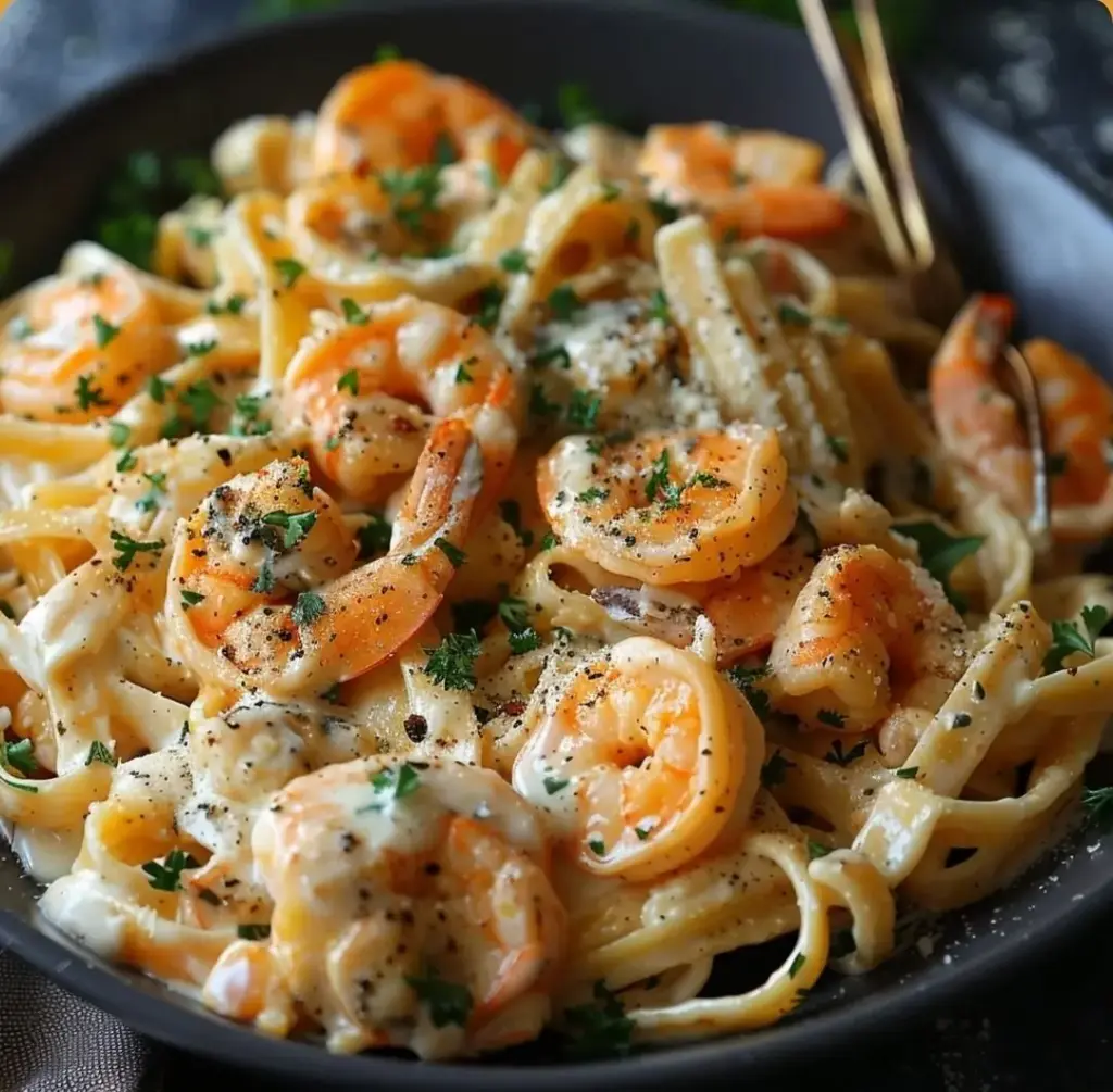 Fettuccine Alfredo aux Crevettes Crémeuses