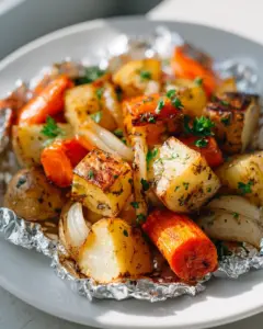 Pommes de terre, carottes et oignons grillés en papillote