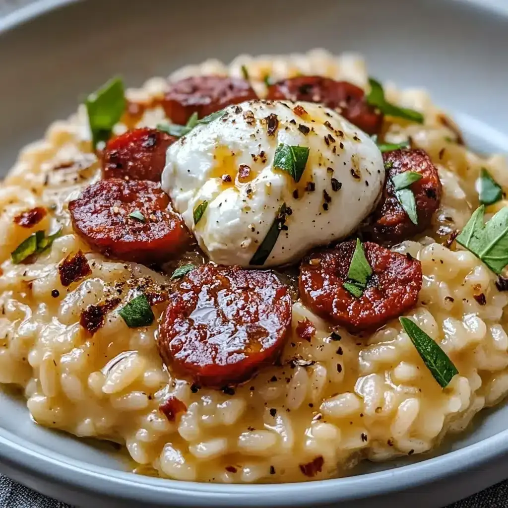 Risotto crymeux au chorizo et y la burrata