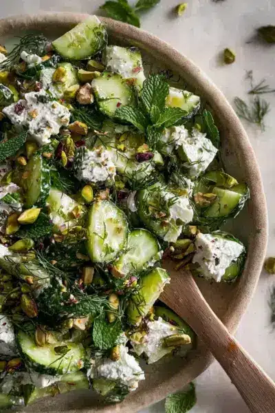 Salade concombre écrasé feta et aneth