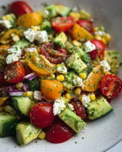 Salade de concombre, tomate et avocat avec de la feta