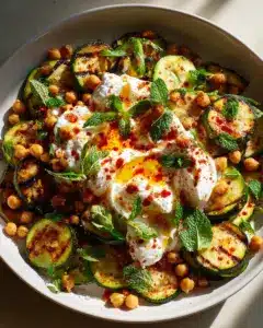 Salade de courgettes grillées, pois chiches et burrata épicée