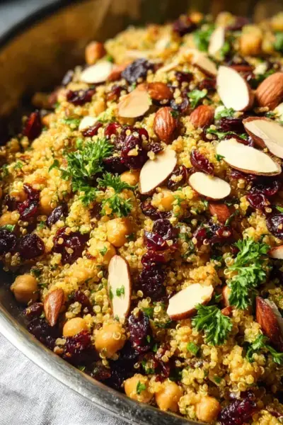 Salade de pois chiches et quinoa d&rsquo;inspiration marocaine, cuite dans un seul récipient