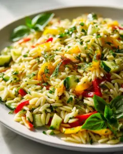 Frischer Orzo Salat mit Gurke, Paprika und Kräutern