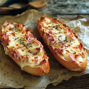 Baguette gratinée à la crème, fromage et jambon