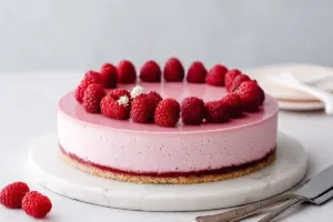 Bavarois framboise sur croustillant chocolat blanc