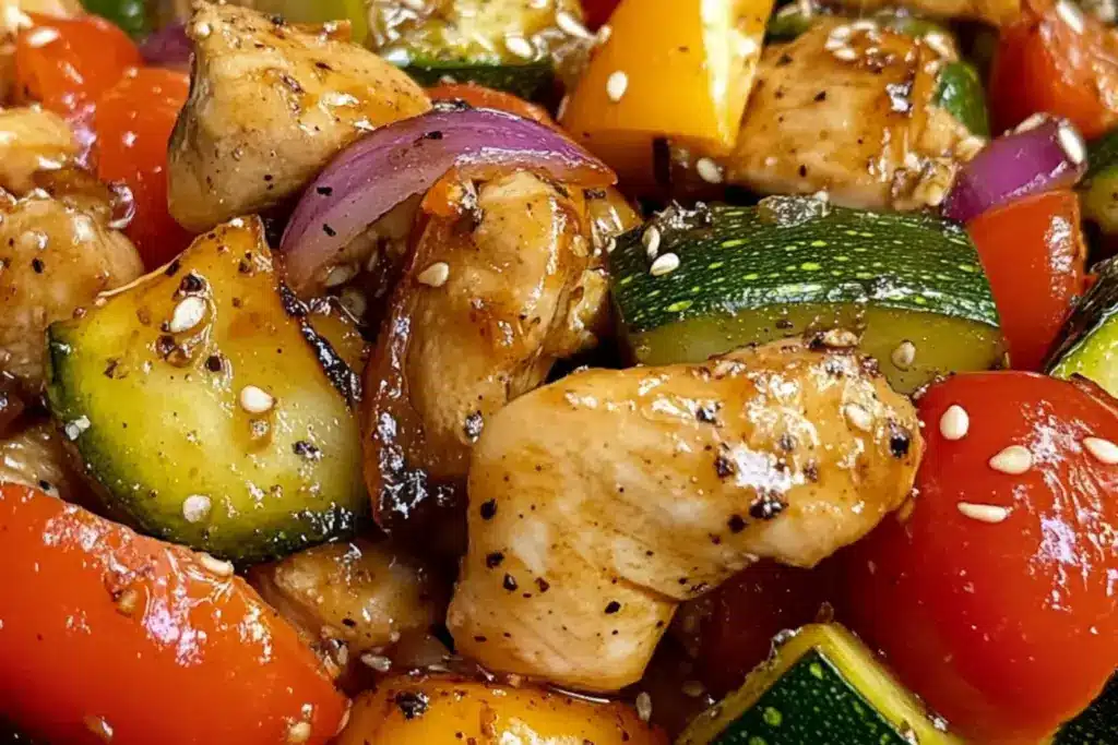 Brochettes de poulet mariné et légumes grillés