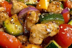 Brochettes de poulet mariné et légumes grillés