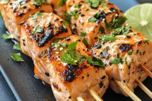 Brochettes de saumon marinées au lait de coco et coriandre