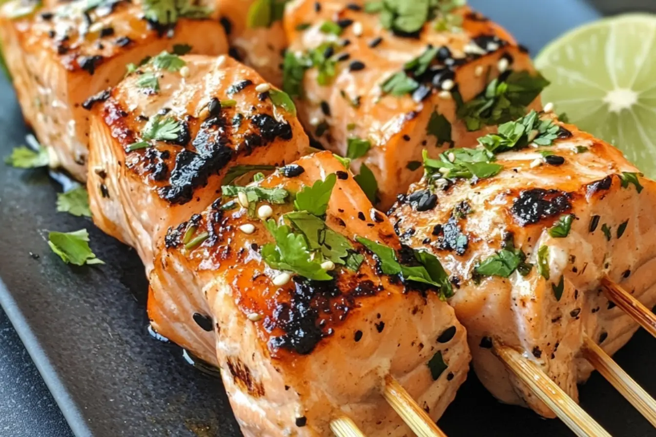Brochettes de saumon grillé et mariné à la coriandre, citron vert, lait de coco 2 brochettes de saumon