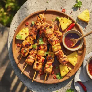 Brochettes de poulet et ananas grillés au glaçage miel-piment