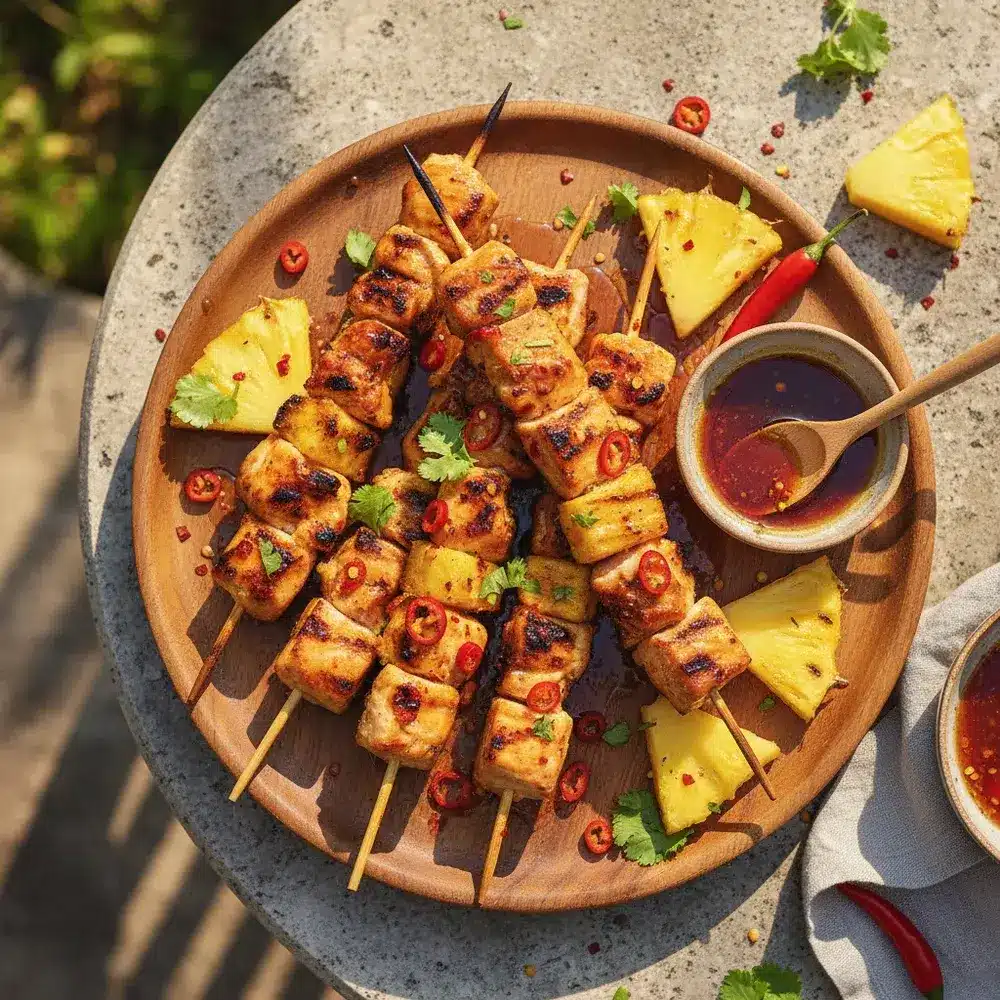 Gegrillte Hähnchen-Ananas-Spieße mit Honig-Chili-Glasur Rezept