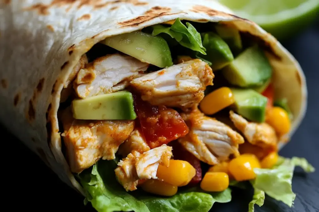 Burrito au poulet, avocat et cheddar