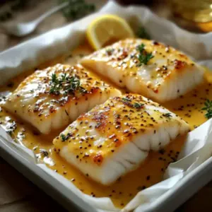 Cabillaud au four, sauce crémeuse moutarde et citron