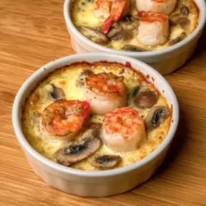 Cassolette raffinée de Saint-Jacques, crevettes et champignons