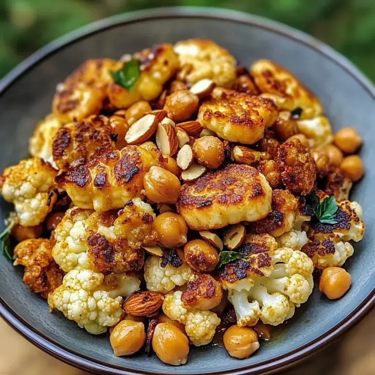 Chou-fleur Rôti au Miel et Curry, Halloumi Grillé et Amandes avec Pois Chiches Croquants 