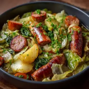 Chou vert braisé aux saucisses de bœuf