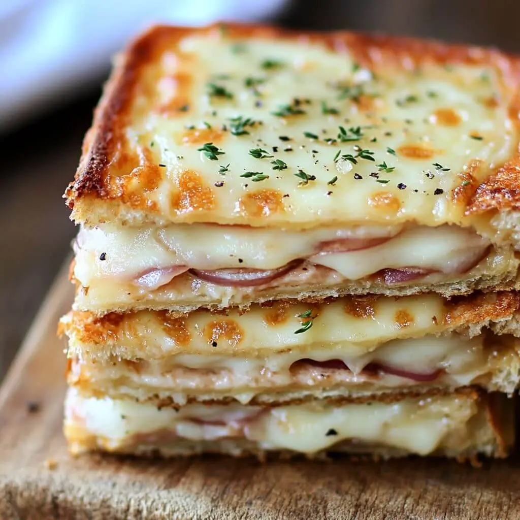 Croque-monsieur à l'oignon gratiné 2 croque-monsieur à l’oignon gratiné