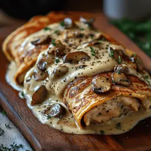 Crêpes roulées au poulet, champignons et béchamel