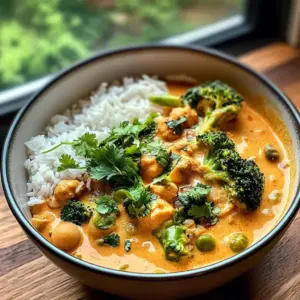 Curry de brocoli, pois chiches et champignons au lait de coco