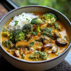 Curry réconfortant de brocoli, champignons et aubergines au lait de coco