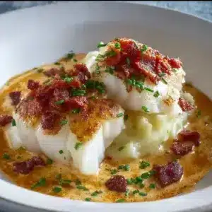 Dos de cabillaud à la crème de chorizo et écrasé de pommes de terre