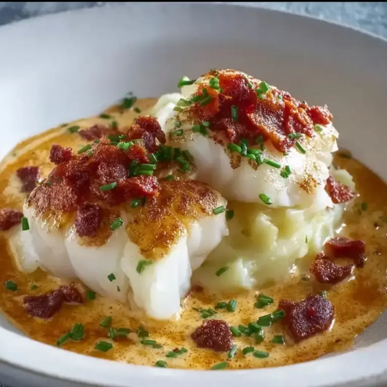 Dos de cabillaud à la crème de chorizo, écrasé de pomme de terre
