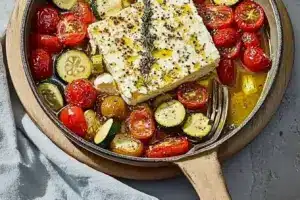 Feta au four et petits légumes méditerranéens