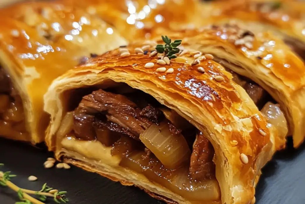 Feuilletés roulés à l’effiloché de canard, oignons confits et brie