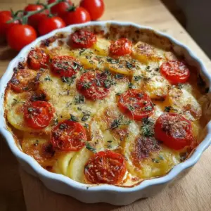 Gratin de pommes de terre, tomates et mozzarella