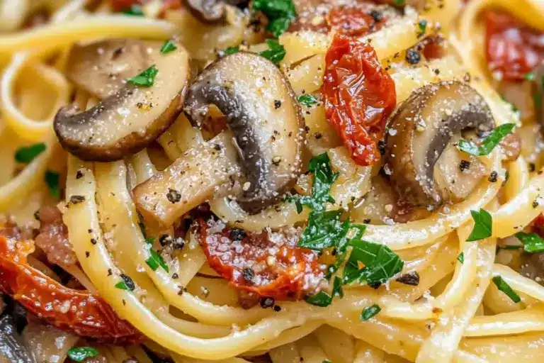 Linguines frais aux champignons, tomates séchées et pancetta