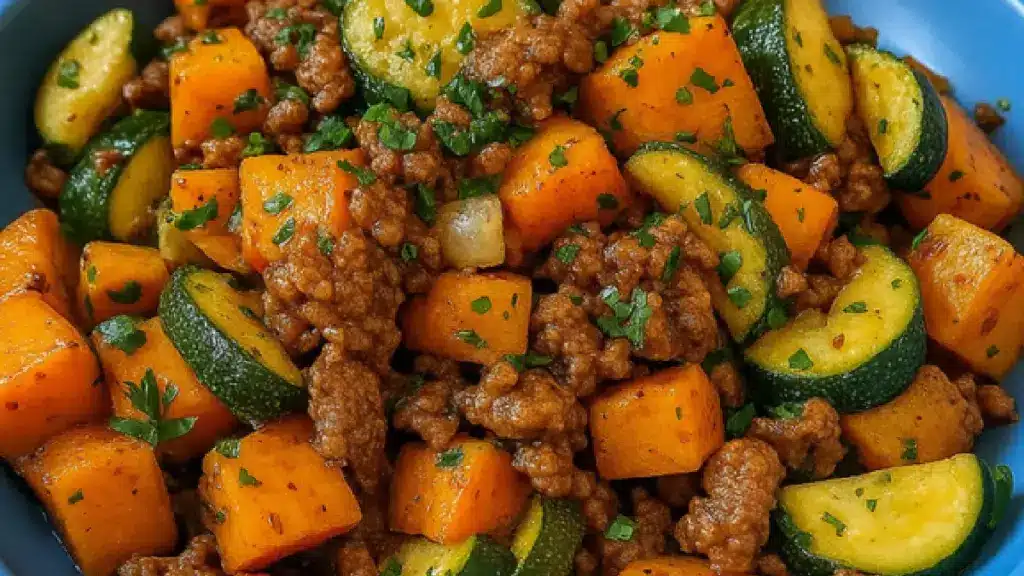Poêlée de patates douces et courgettes au viande haché