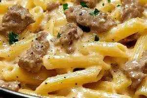 Pâtes crémeuses au bœuf et beurre à l’ail