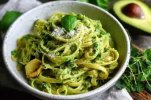 Pâtes crémeuses à l’avocat et basilic