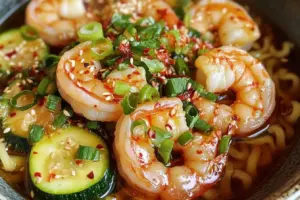 Ramens aux crevettes et courgettes