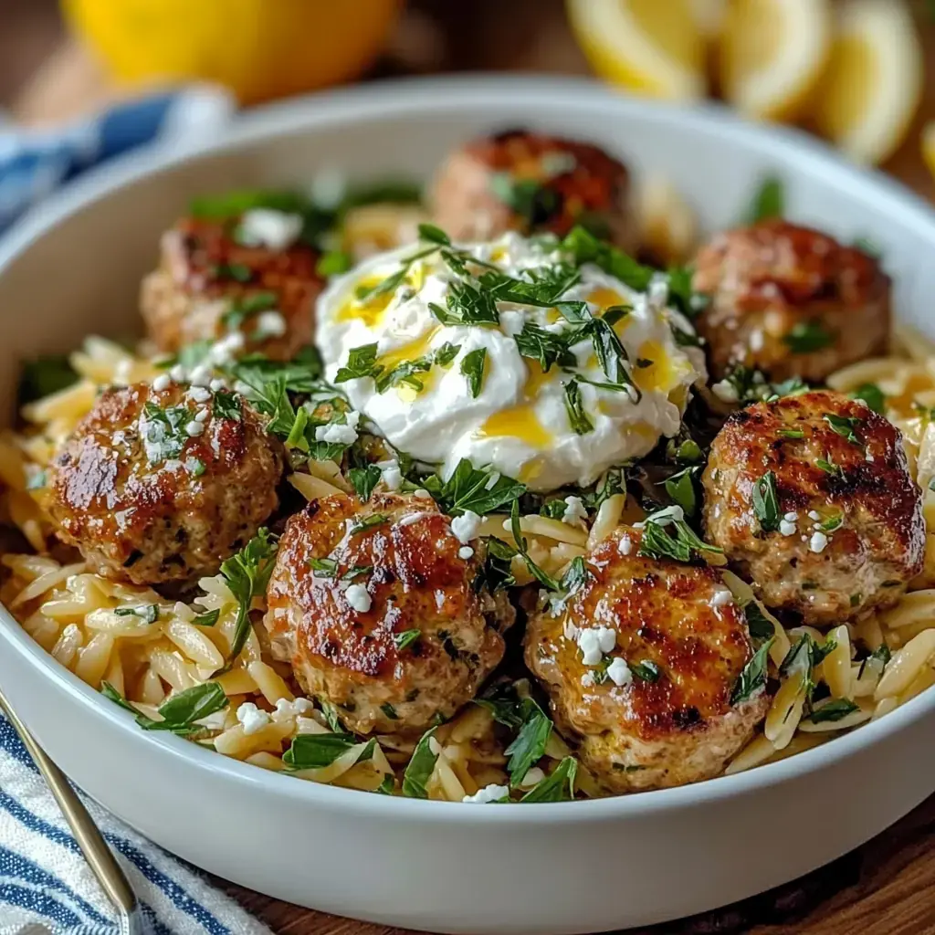 Boulettes Grecques & Orzo Citronné avec Crème de Feta