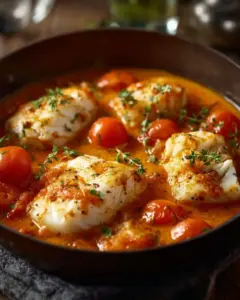 Queue de lotte mijotée au vin blanc et tomates