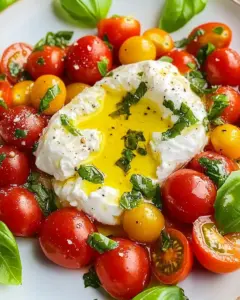Salade savoureuse de tomates et burrata