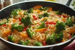 Riz sauté aux épices, brocoli et carottes