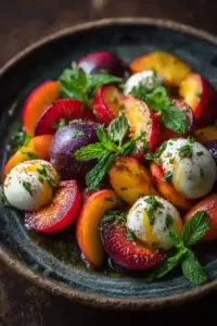 Salade d’été aux fruits à noyau, burrata et menthe
