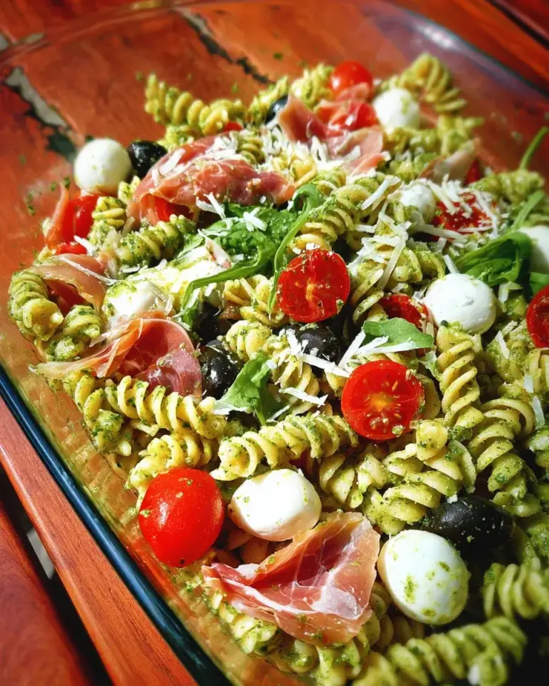Salade de pâtes au pesto, jambon cru et mozzarella