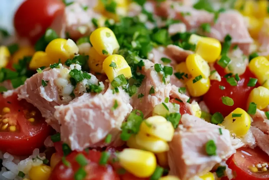 Salade de riz au maïs, tomates, œufs et thon