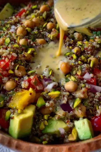 Salade de pois chiches et quinoa en 15 minutes avec vinaigrette au cumin et au tahini