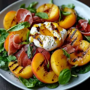 Salade de pêches grillées, burrata et poulet
