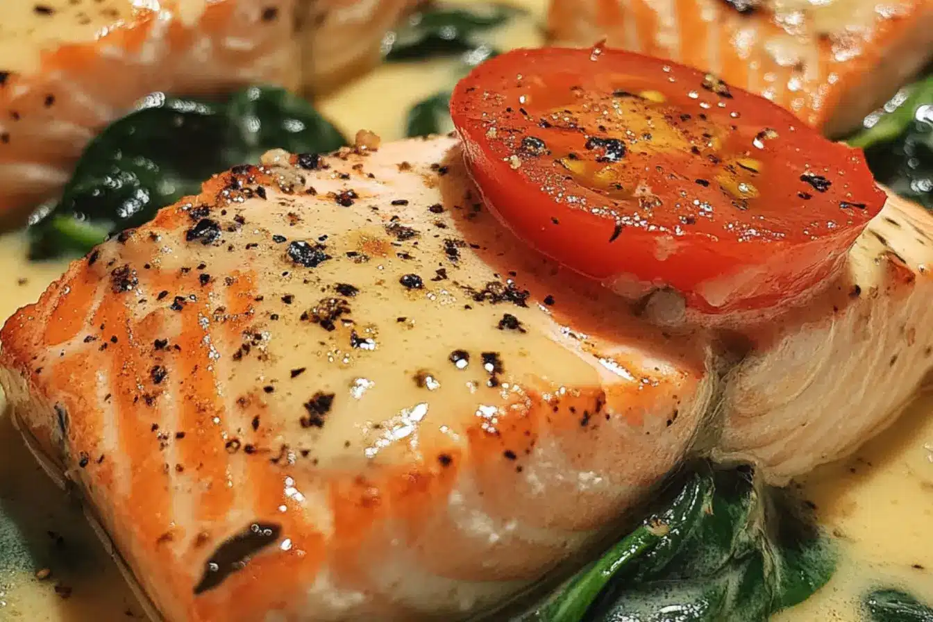 Plat de saumon en crème, tomates et épinards 2 saumon crème tomates épinards