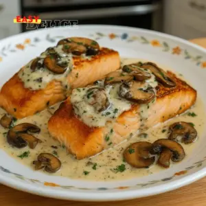 Saumon onctueux à la crème, ail et champignons
