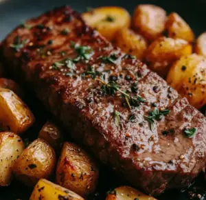 Steak et pommes de terre à la poêle au beurre à l’ail