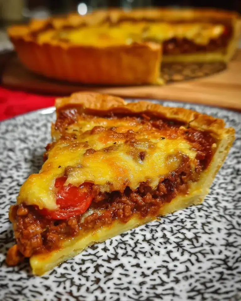 Tarte à la tomate, viande hachée et fromages