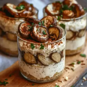 Tiramisu salé aux champignons et parmesan croquant
